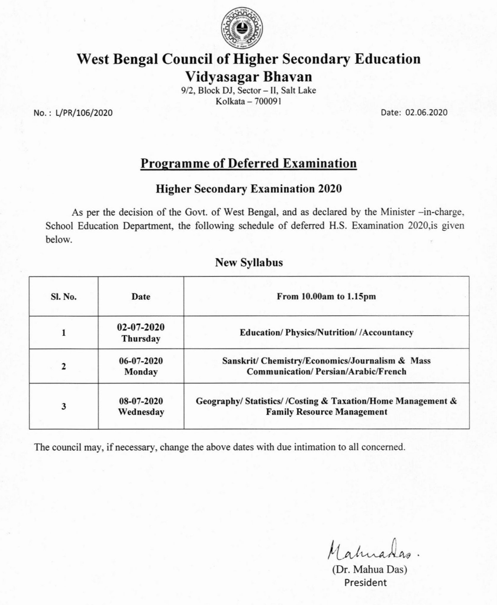 WBCHSE Routine 2020 Update 